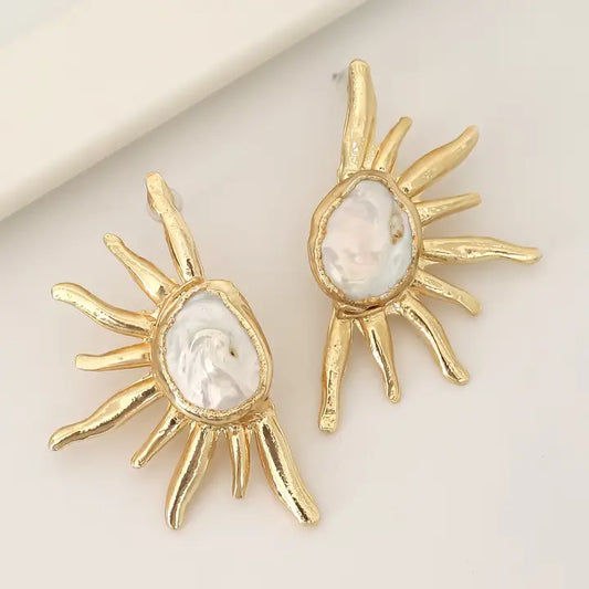 Gold Plated & Pearl Sunburst Earrings