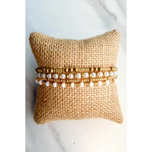 Gold, White & Pearl Stretch Bracelet Set