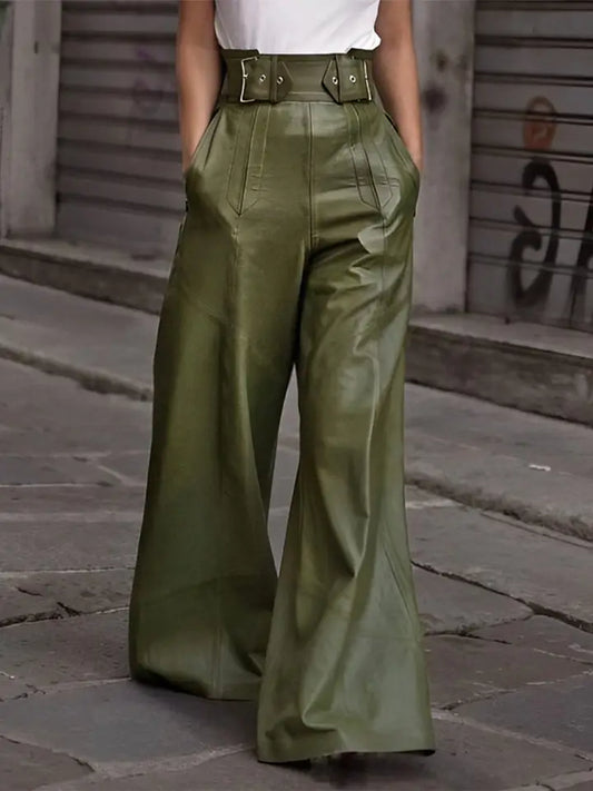 Green Elastic Waist Faux Leather Pants