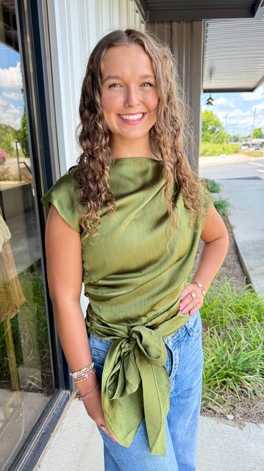 Olive Boat Neck Tie Top