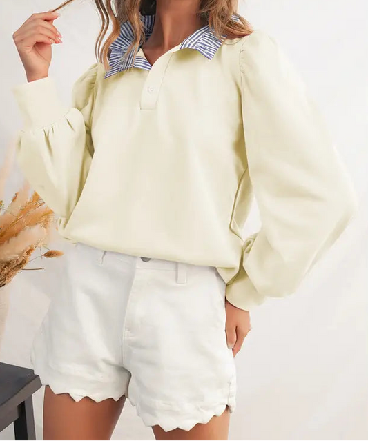 Stripe Collar Puff Sleeve Sweatshirt