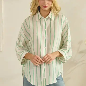 Linen Green Stripped 3/4 Sleeve