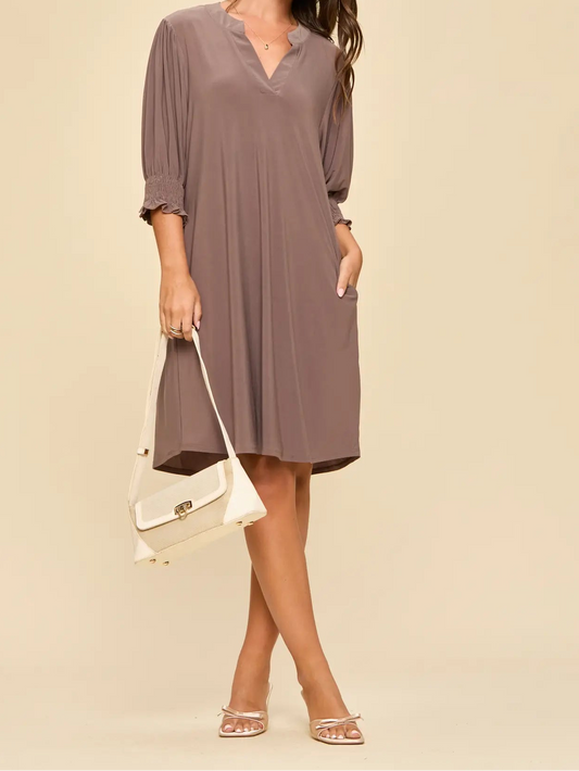Mocha Smocked Sleeve Shirt Dress