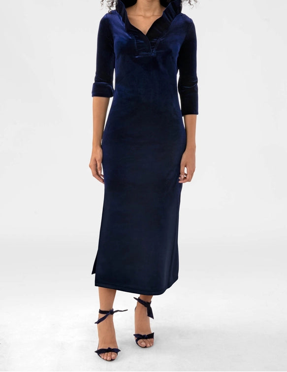 Navy Ruffneck Velvet Dress