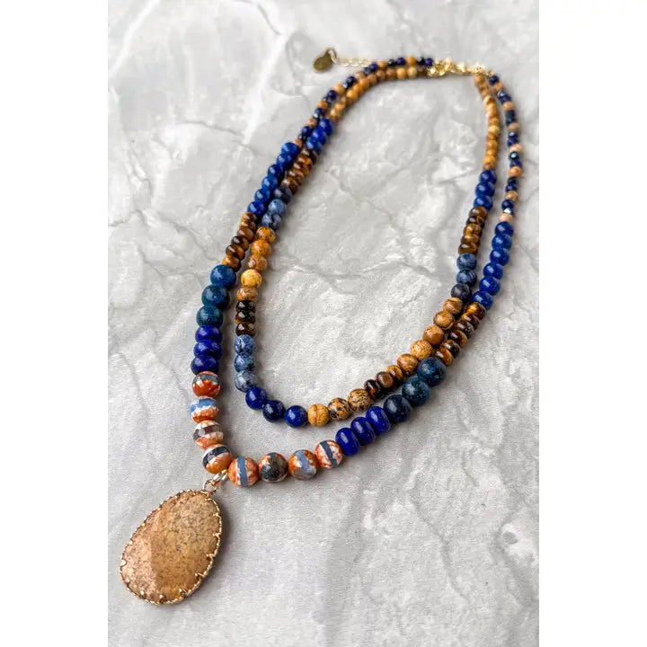 Navy Beaded Necklace w/Stone Pendant