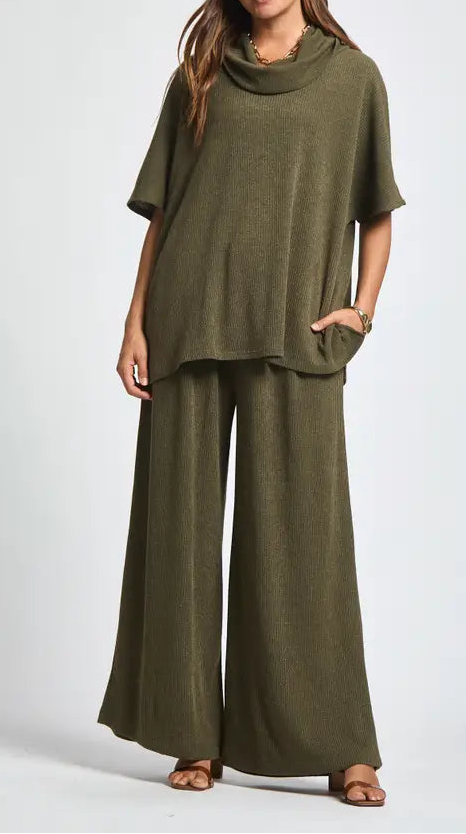 Olive Green Cowl Neck Top Set