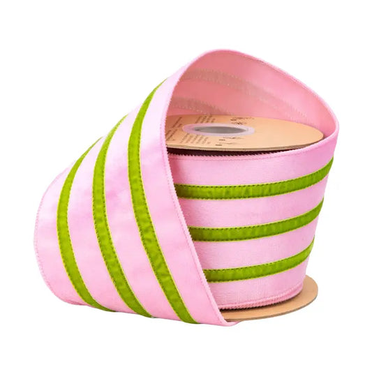 4" Pink & Green Stripe Velvet Ribbon - 10 Yards