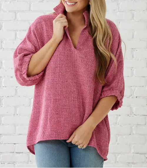 Betsy Collar Tweed Top Pink