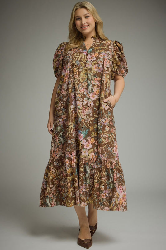 Plus Brown Floral V-Neck Dress