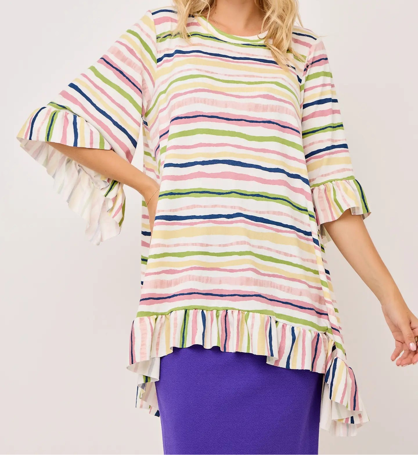 Plus Size Striped Ruffle Sleeve Top