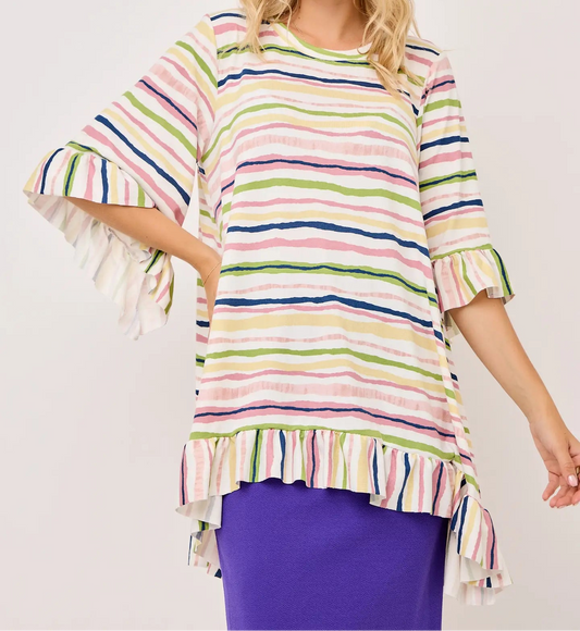 Plus Size Striped Ruffle Sleeve Top