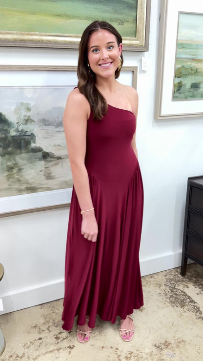 Burgundy One Shoulder Maxi Dress