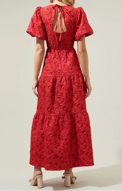 Red Jacquard Tiered Maxi Dress