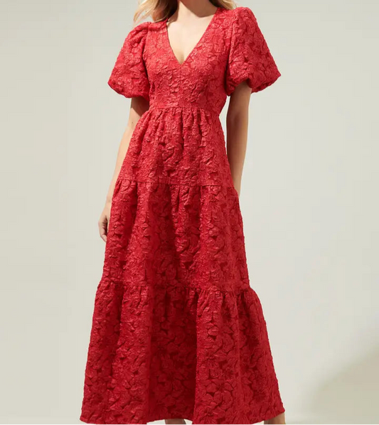 Red Jacquard Tiered Maxi Dress