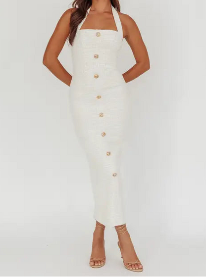White Textured Halter Dress