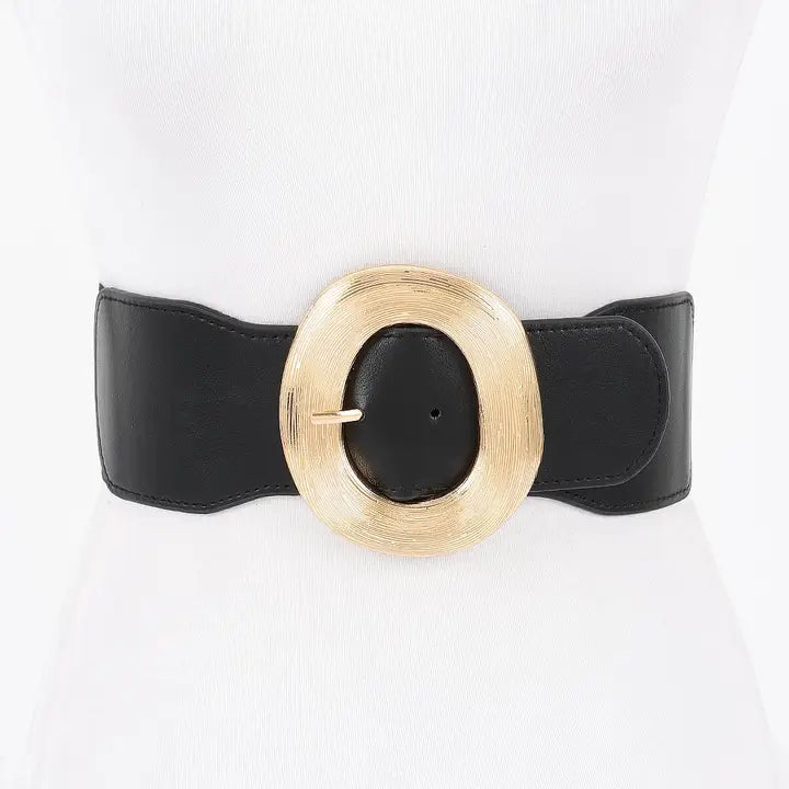 Wide Round Buckle Black Stretch Belt