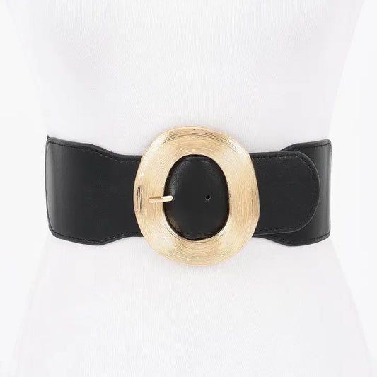 Wide Round Buckle Black Stretch Belt