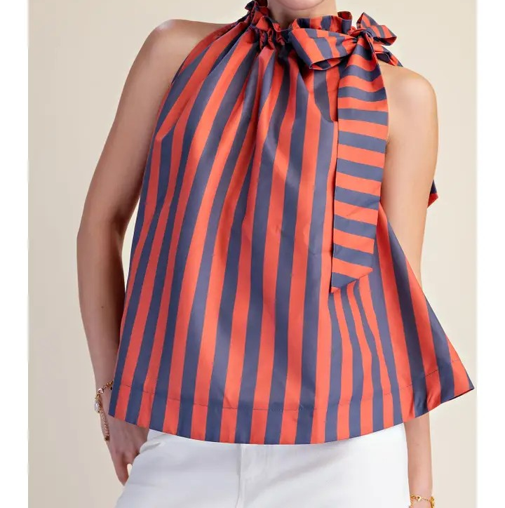 Ruffle Neck Sleeveless Stripe Top