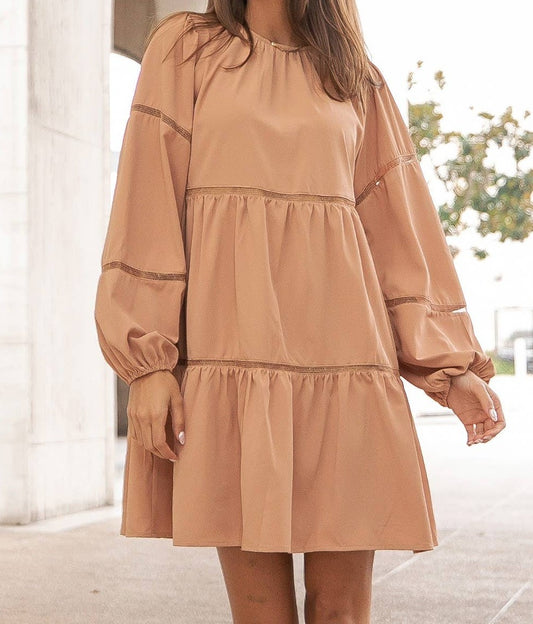 Tan Long Sleeve Tiered Dress