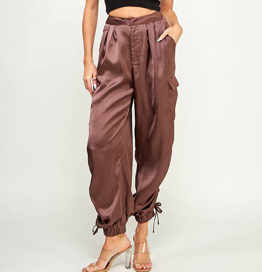 Brown Satin Cargo Pants