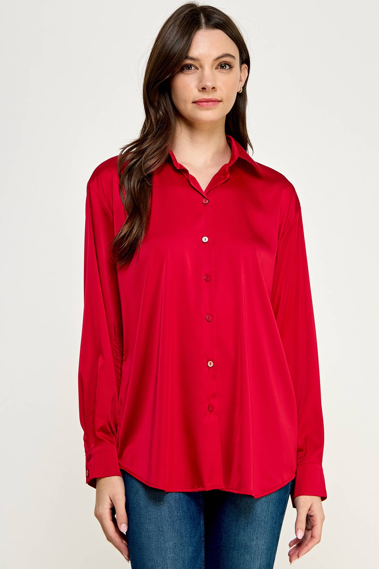 Crimson Satin Button Down Top