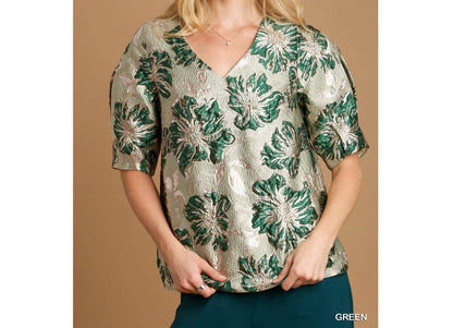 Green Floral Jacquard Top