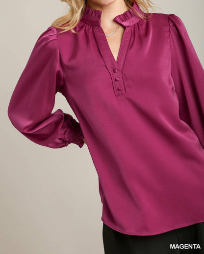 Magenta Satin Ruffle Neck Top