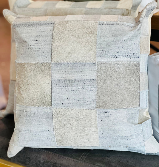Silver & Gray Check Faux Leather Pillow