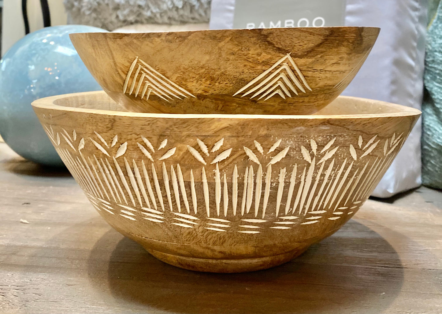 Carved Wooden Serving Bowls, Set Of 2