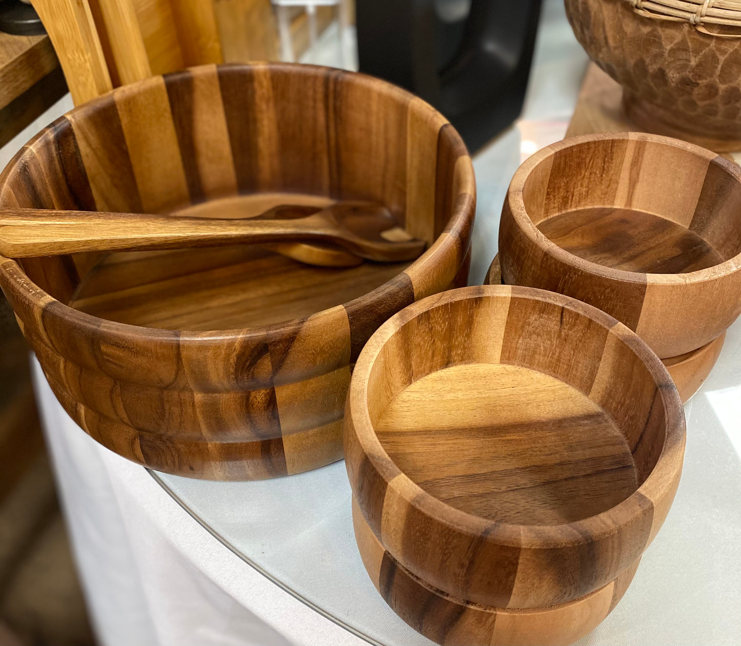 7 Piece Wooden Salad Bowl with Servers and Bowls