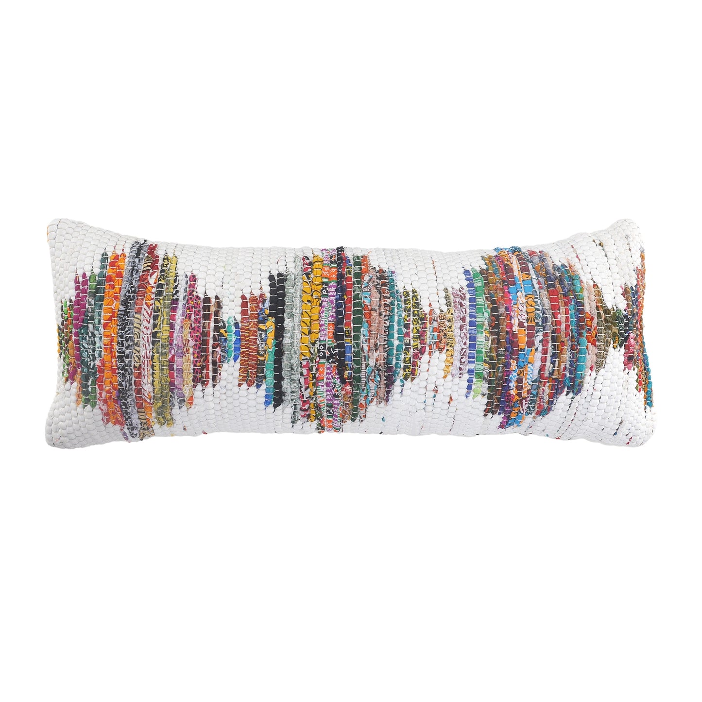 White and Multicolored Chindi Geometric Lumbar Pillow